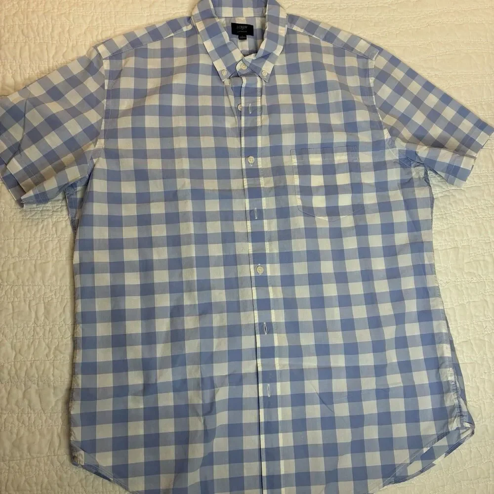 Men’s‎ Blue White Check Button Down Short Sleeve Shirt Size L Lightweight Cotton